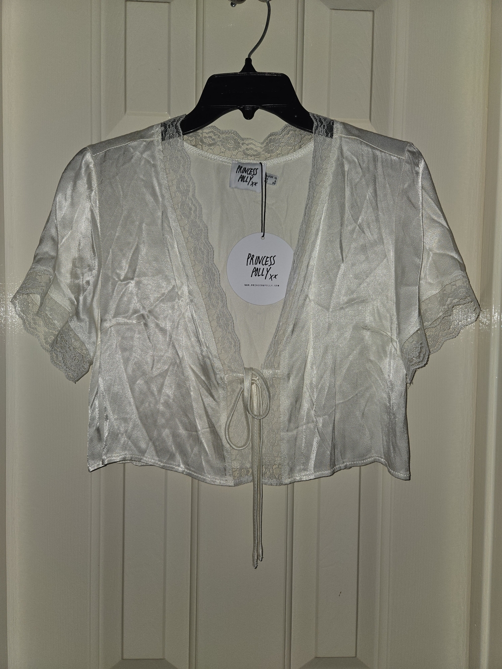 Princess Polly Ivory Lace Trim Satin Tie-Front Top
